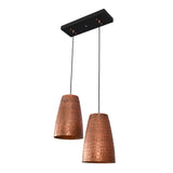 Angled perspective of the Hudson Modern Artisan Dual Cone Pendant Light showcasing hand-textured copper tapered shades.