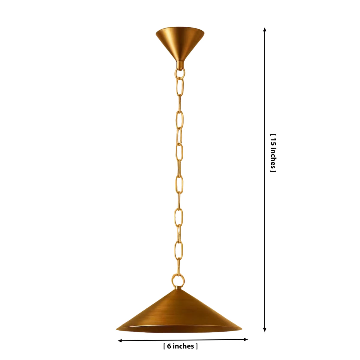 Dimension illustration of the Hudson Mini Cone Pendant Light showing a 6-inch shade diameter and 15-inch overall adjustable hanging height.