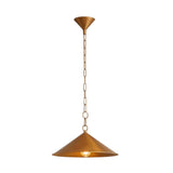 Front view of the Hudson Mini Cone Pendant Light featuring a compact brushed brass cone shade with chain suspension and exposed bulb.