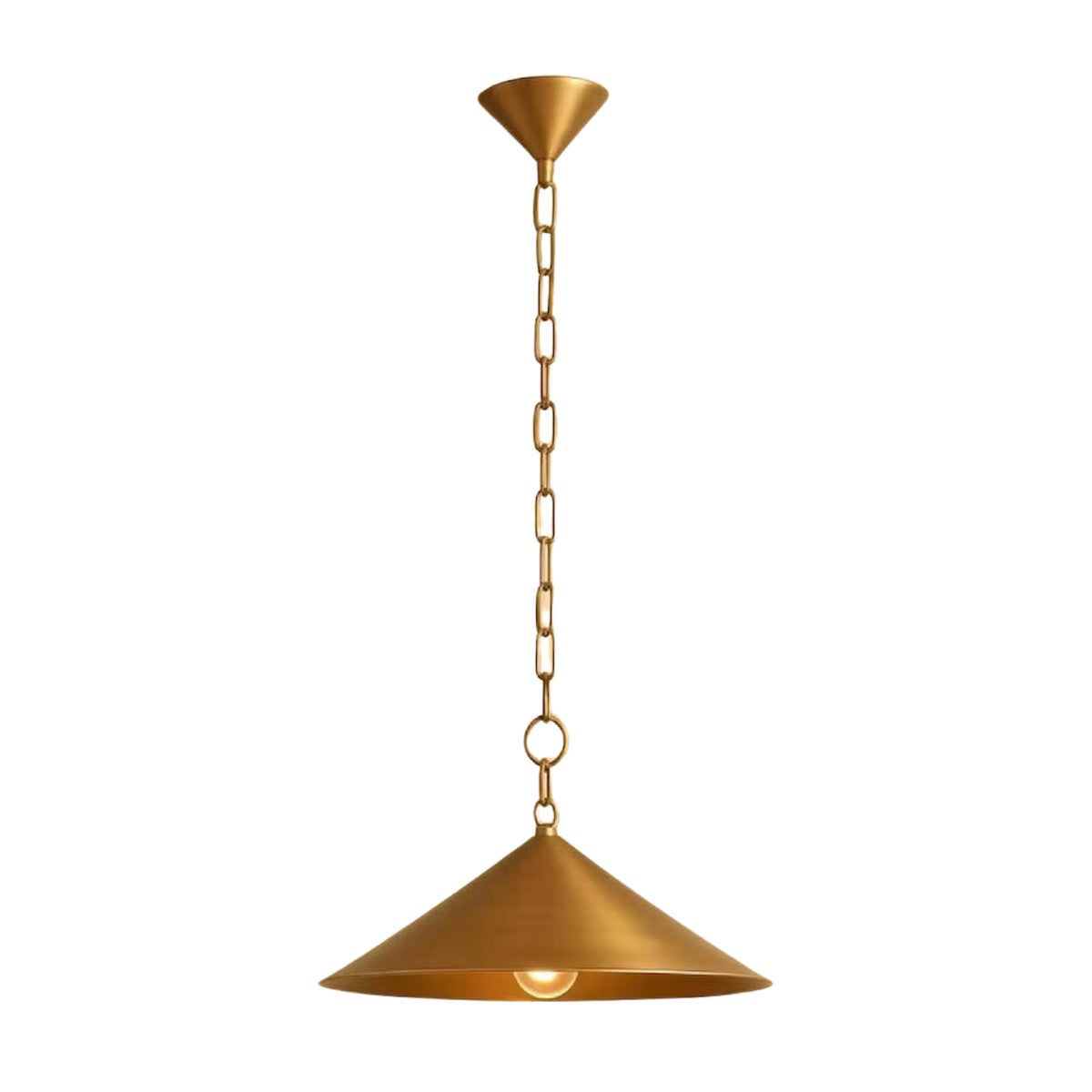 Hudson Mini Cone Pendant Light with a brushed brass cone shade, decorative chain suspension, and warm glowing exposed bulb viewed from the front.