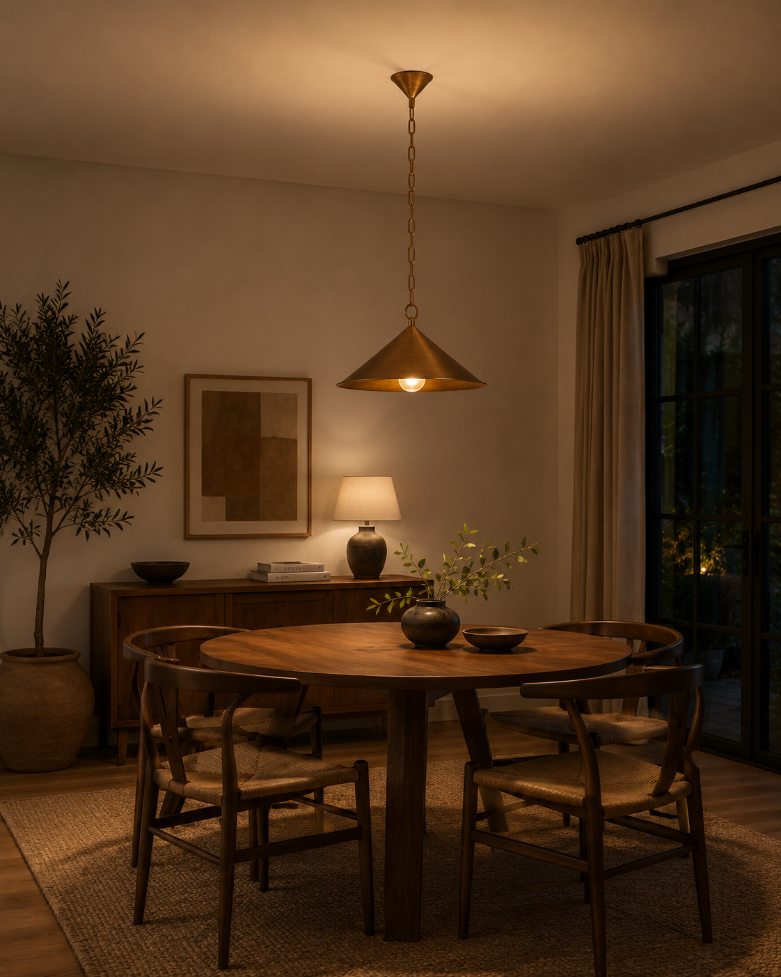 Hudson Mini Cone Pendant Light suspended above a round dining table in a warm modern dining room with soft ambient lighting and Scandinavian-inspired décor.