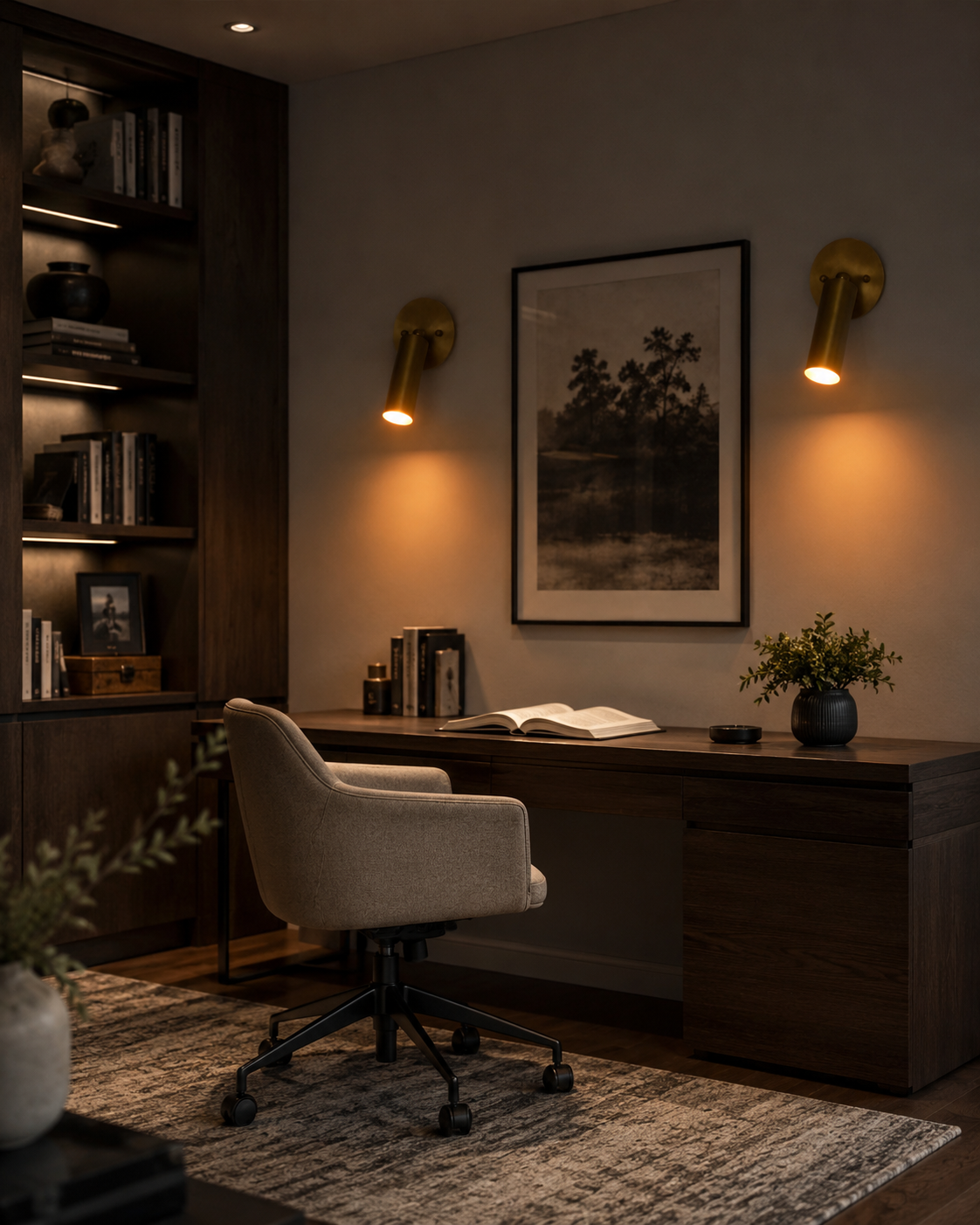 Hudson Modern Brass Adjustable Cylinder Wall Sconces installed above a modern home office workspace, providing adjustable task lighting with a clean minimalist aesthetic.