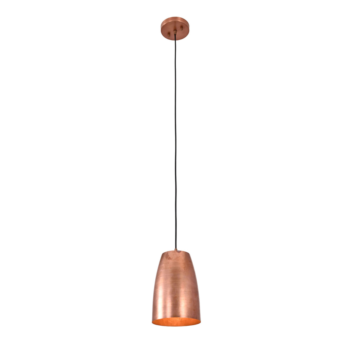 Hudson modern brushed copper bell pendant light front view with black suspension cord and round ceiling canopy