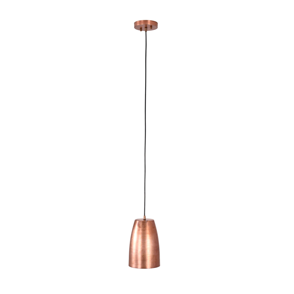 Full view of Hudson modern copper bell pendant light with adjustable black cord and ceiling canopy