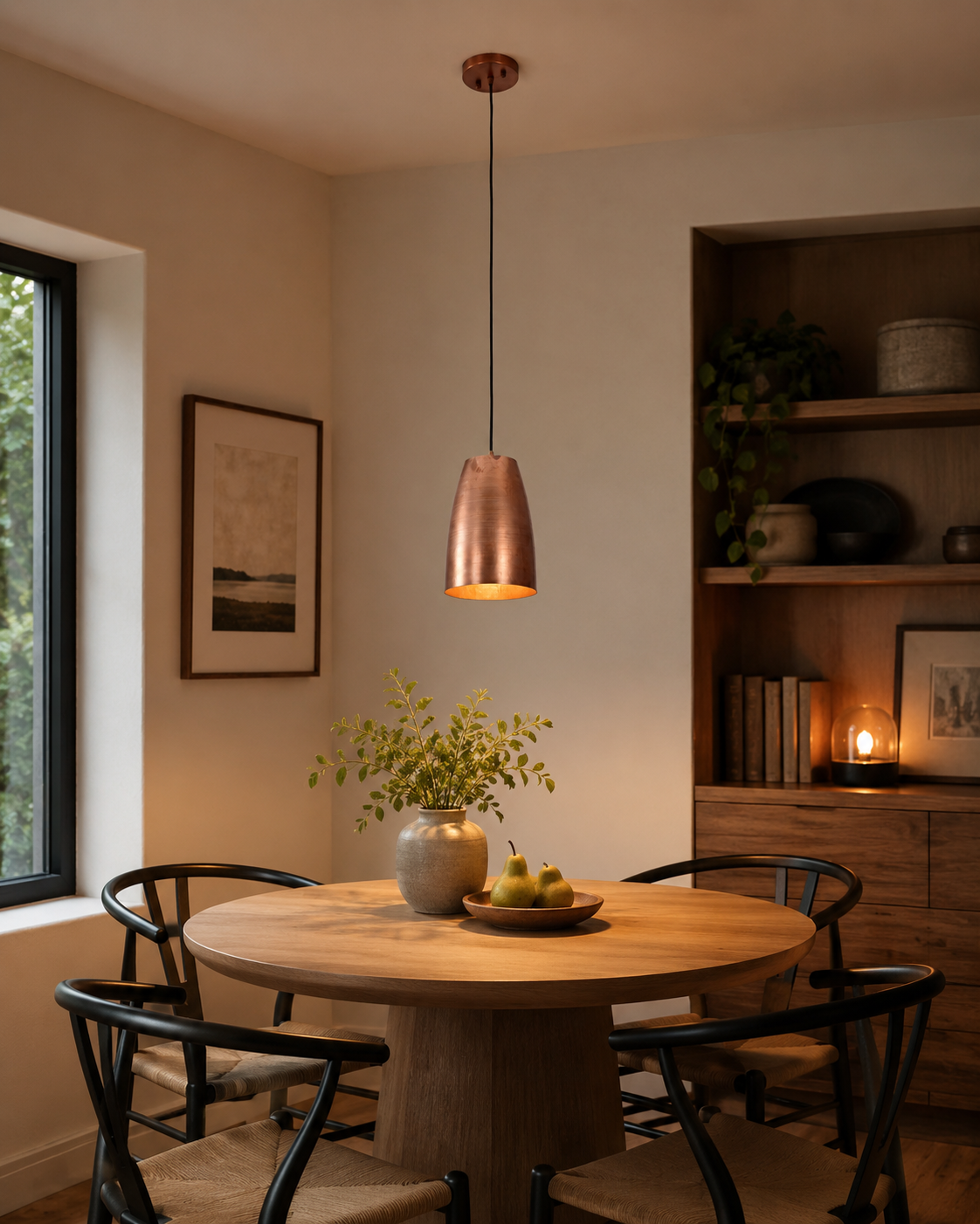Hudson brushed copper bell pendant light installed above a round dining table in a warm modern Scandinavian dining room