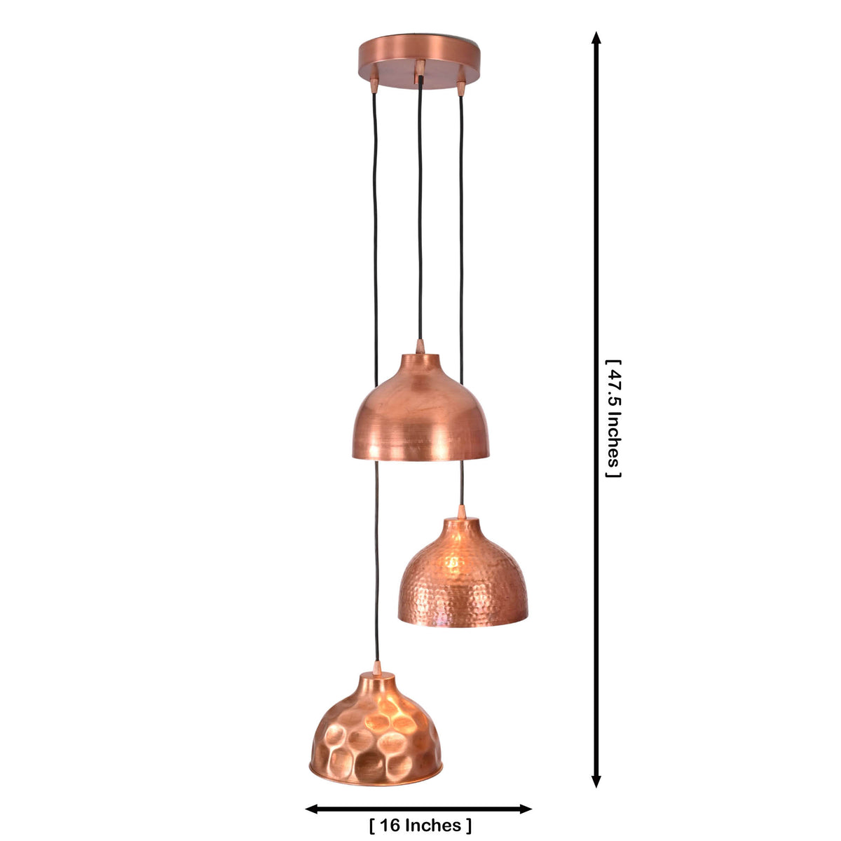 Hudson modern copper three shade cluster pendant light with 16 inch width and 47.5 inch overall height dimensions
