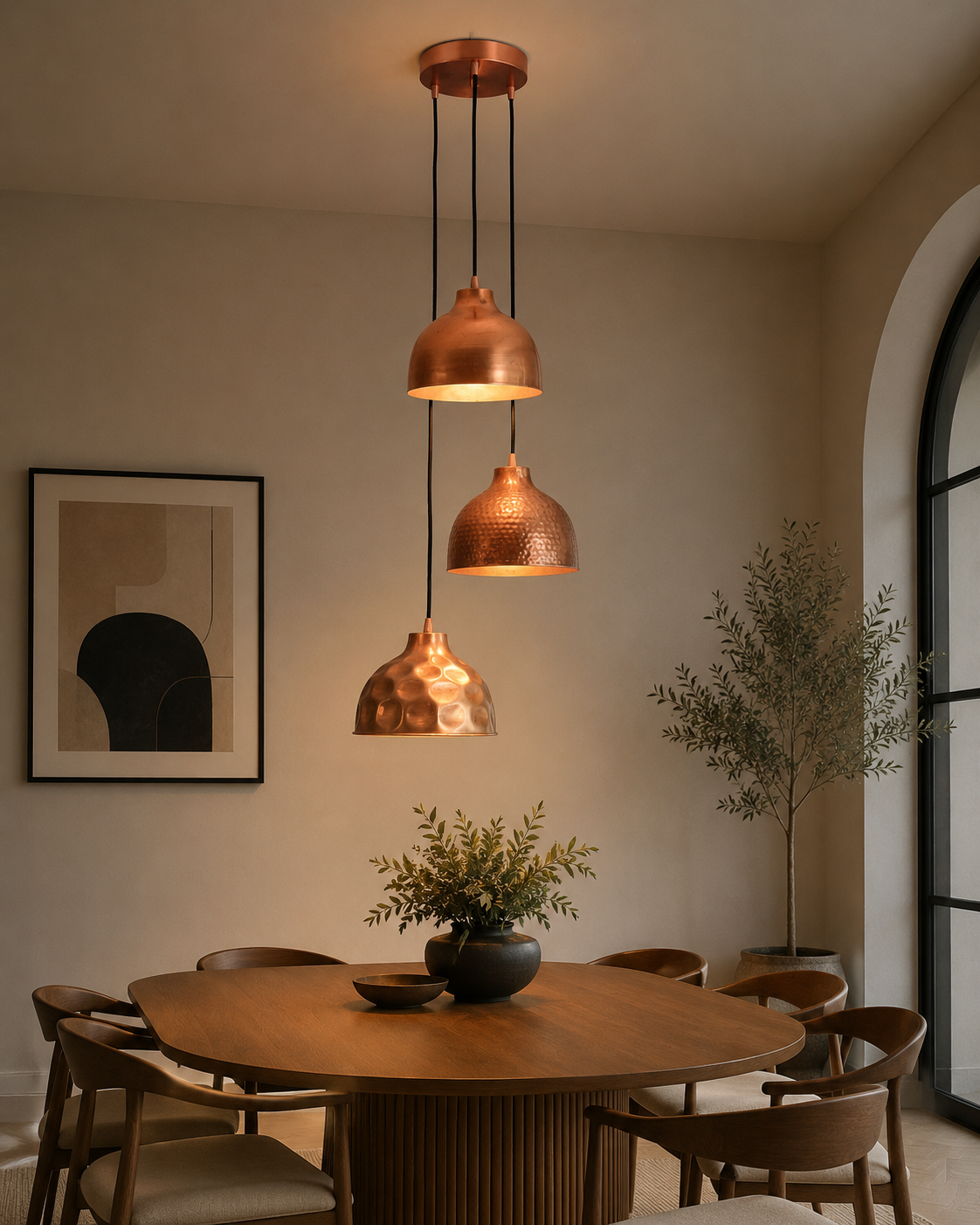 Hudson modern copper three shade cluster pendant light installed above a contemporary dining table in a modern dining room