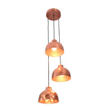 Hudson modern copper three shade cluster pendant light with mixed handcrafted dome shades front illuminated view