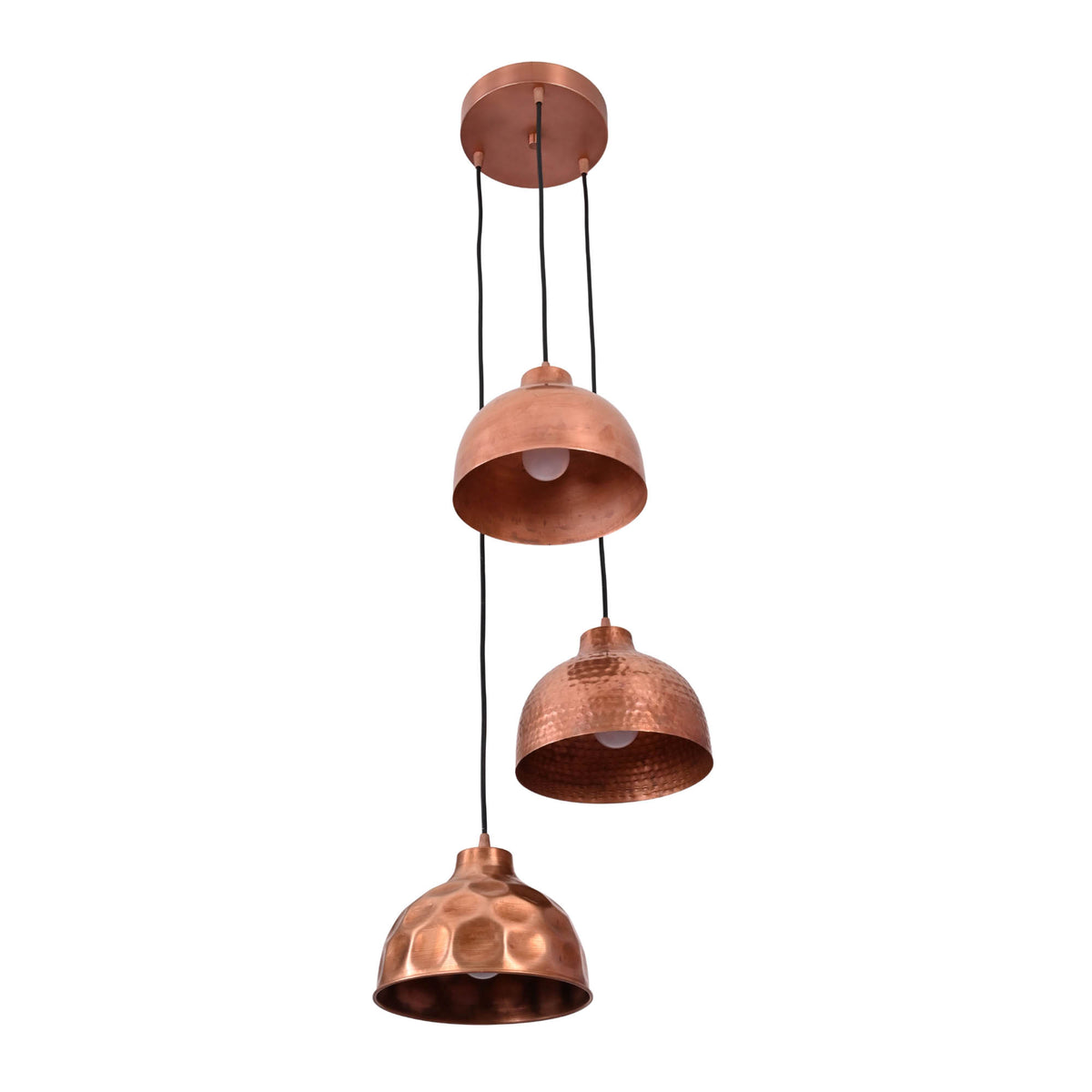 Front view of Hudson modern copper three shade cluster pendant light with handcrafted mixed copper dome shades