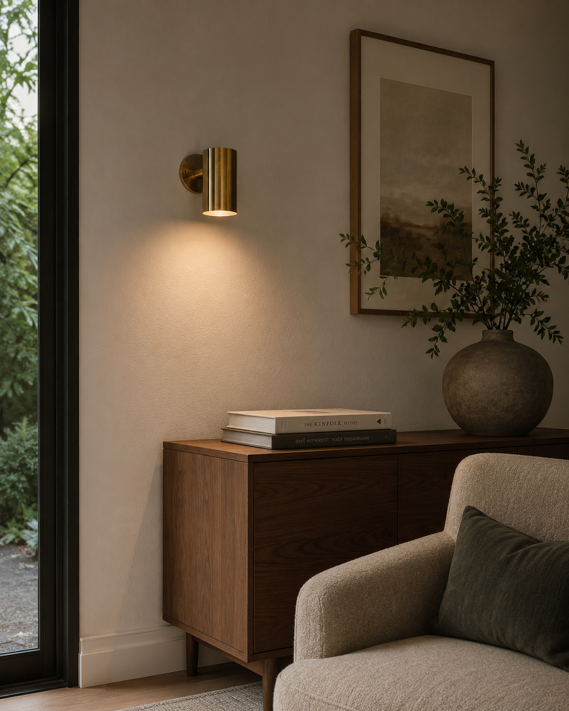Hudson modern brass cylinder wall sconce installed in a contemporary living room, casting a warm downward ambient glow above a wooden console.