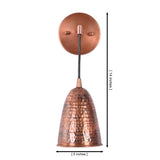 Dimension drawing of the Hudson Modern Hammered Copper Cone Wall Sconce showing a 14-inch overall height and 5-inch shade width with a handcrafted hammered copper cone shade.