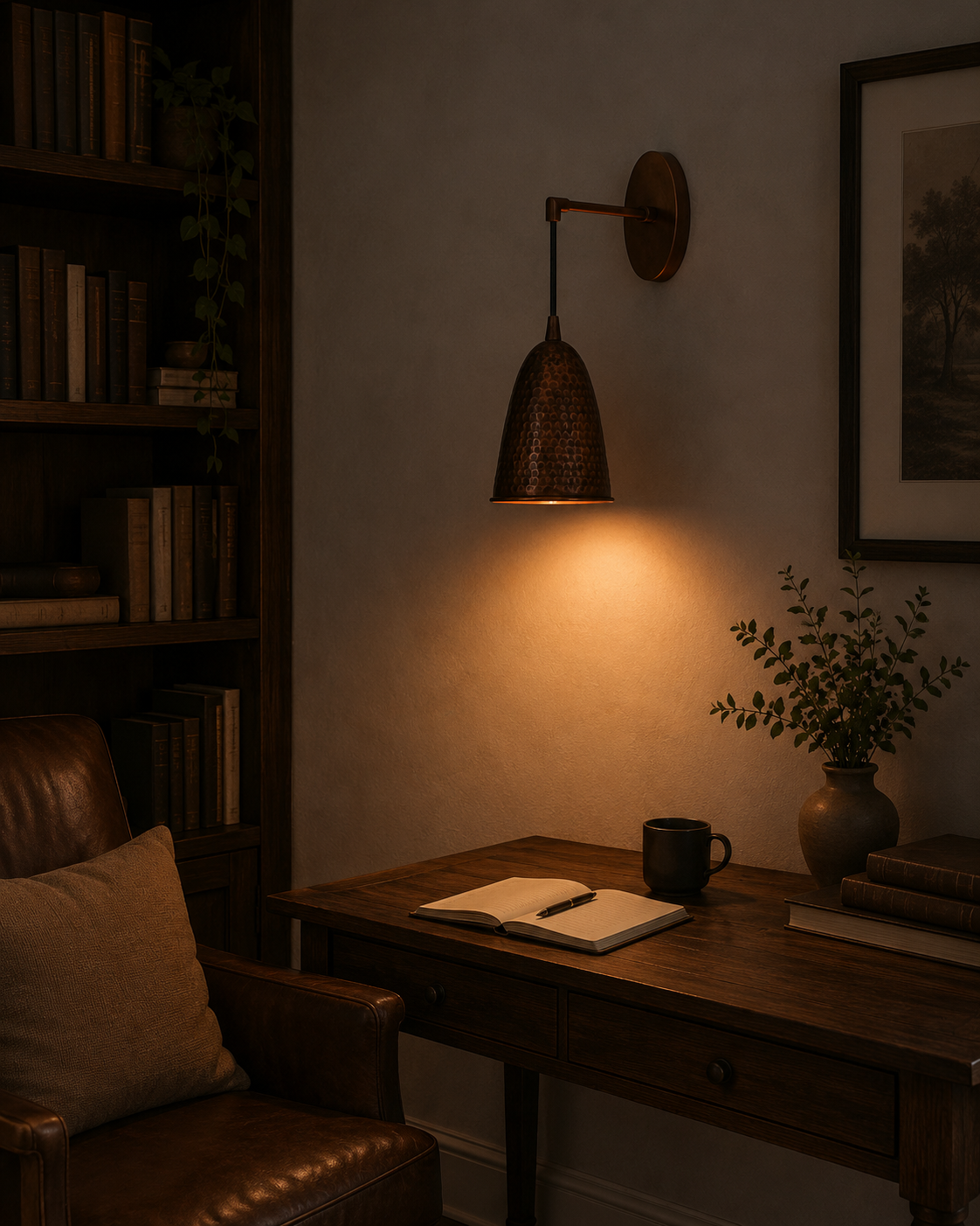 Hudson Modern Hammered Copper Cone Wall Sconce installed above a wooden desk in a cozy home office, providing warm task lighting beside bookshelves, artwork, and decorative accents