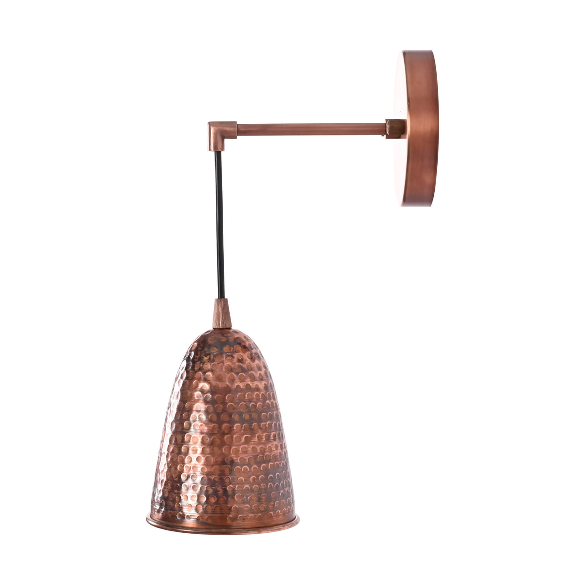 Side profile of the Hudson Modern Hammered Copper Cone Wall Sconce highlighting its cantilever arm, suspended black stem, hammered copper cone shade, and slim round wall backplate.