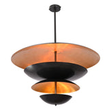 Angled front view of the Hudson Modern Layered Disc Chandelier featuring sculptural black layered metal discs with warm brass reflective interiors.