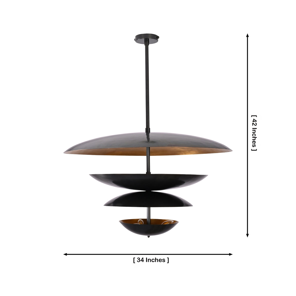 Hudson Modern Layered Disc Chandelier 8-light black and warm brass layered disc pendant with 34-inch width and 42-inch adjustable height dimension drawing.