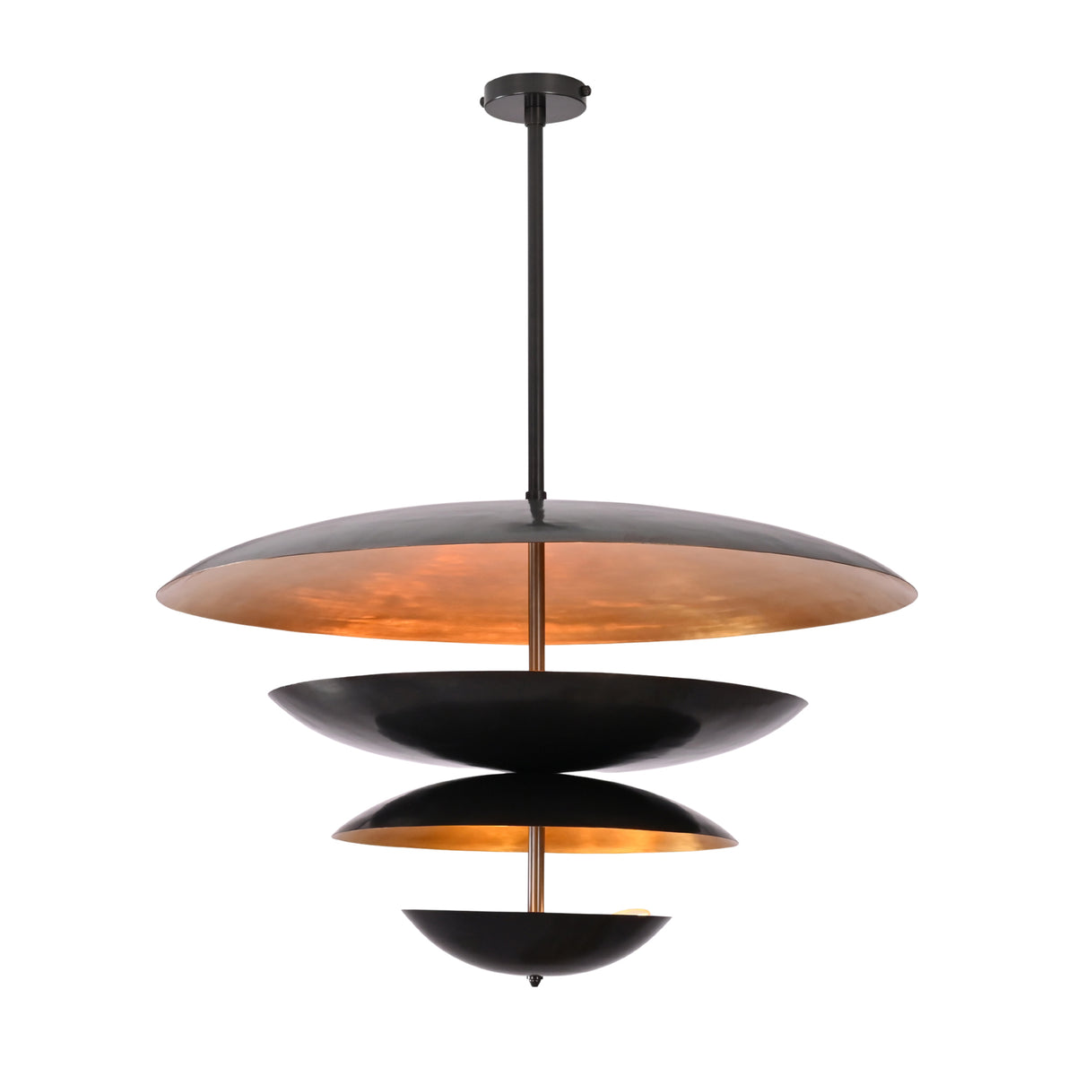 Front view of the Hudson Modern Layered Disc Chandelier showcasing a four-tier layered disc design with matte black exterior and warm metallic interior.