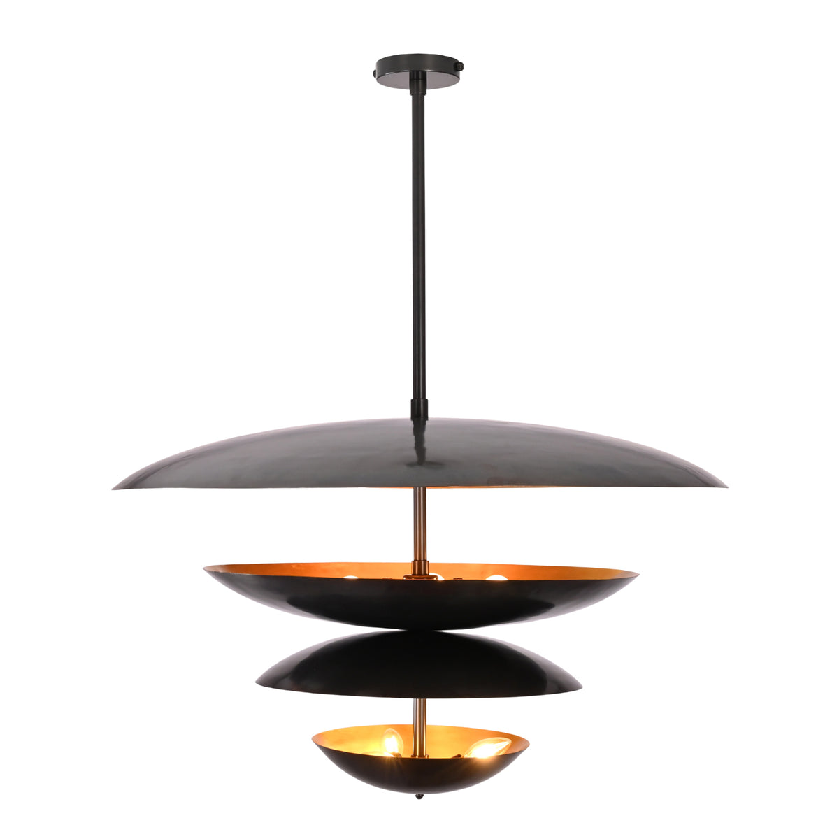 Illuminated Hudson Modern Layered Disc Chandelier highlighting concealed lighting and warm reflective brass interiors within layered black metal discs.