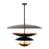 Illuminated Hudson Modern Layered Disc Chandelier highlighting concealed lighting and warm reflective brass interiors within layered black metal discs.