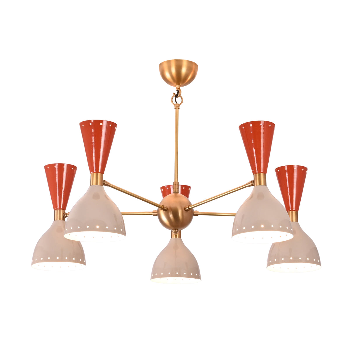 Angled perspective of Hudson Modern five-light chandelier with dual-tone perforated cone shades and brushed brass frame.