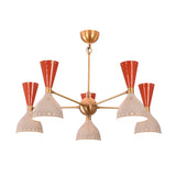 Angled perspective of Hudson Modern five-light chandelier with dual-tone perforated cone shades and brushed brass frame.