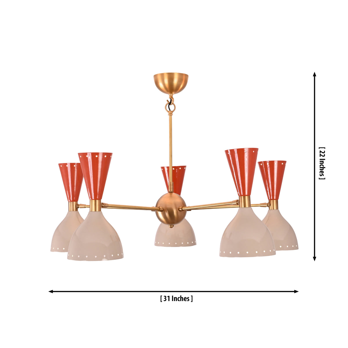 Dimension drawing of Hudson Modern 10-light perforated cone chandelier measuring 31 inches wide and 22 inches high.