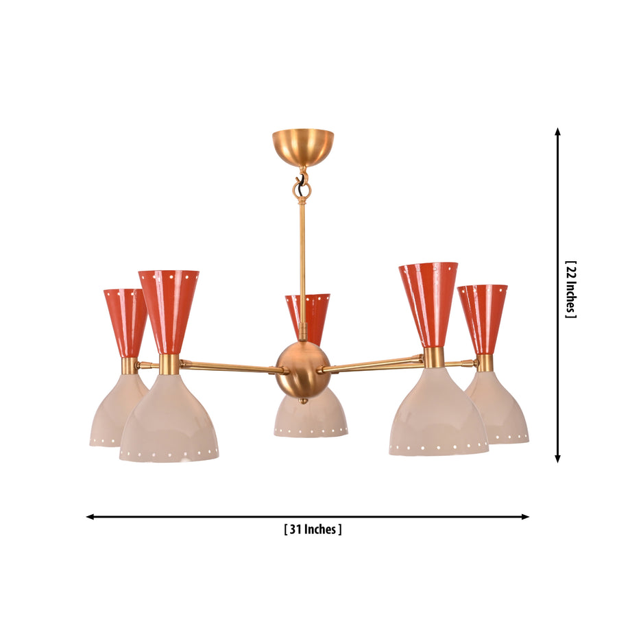 Hudson Modern 5-light perforated cone chandelier installed above a round dining table in a Mid-Century Modern dining room with warm ambient lighting.