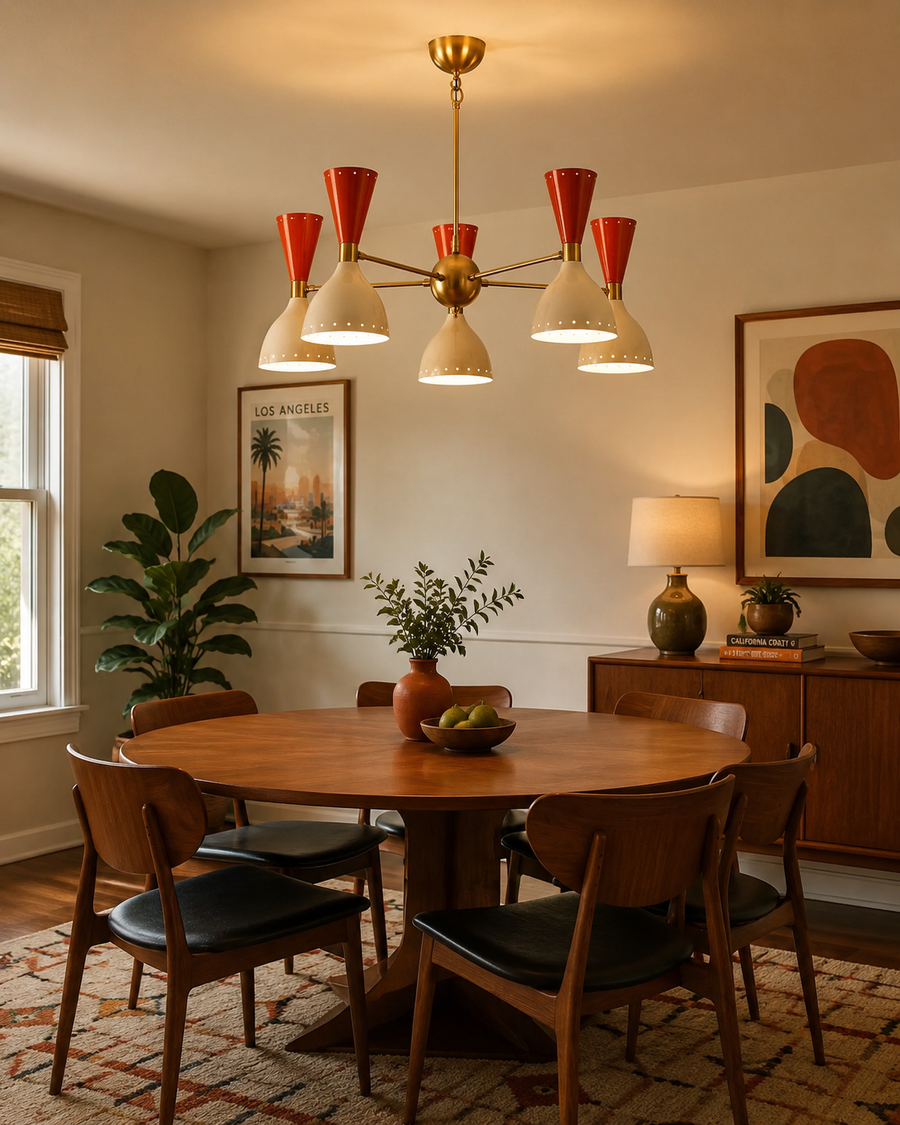 Hudson Modern 5-light perforated cone chandelier installed above a round dining table in a Mid-Century Modern dining room with warm ambient lighting.