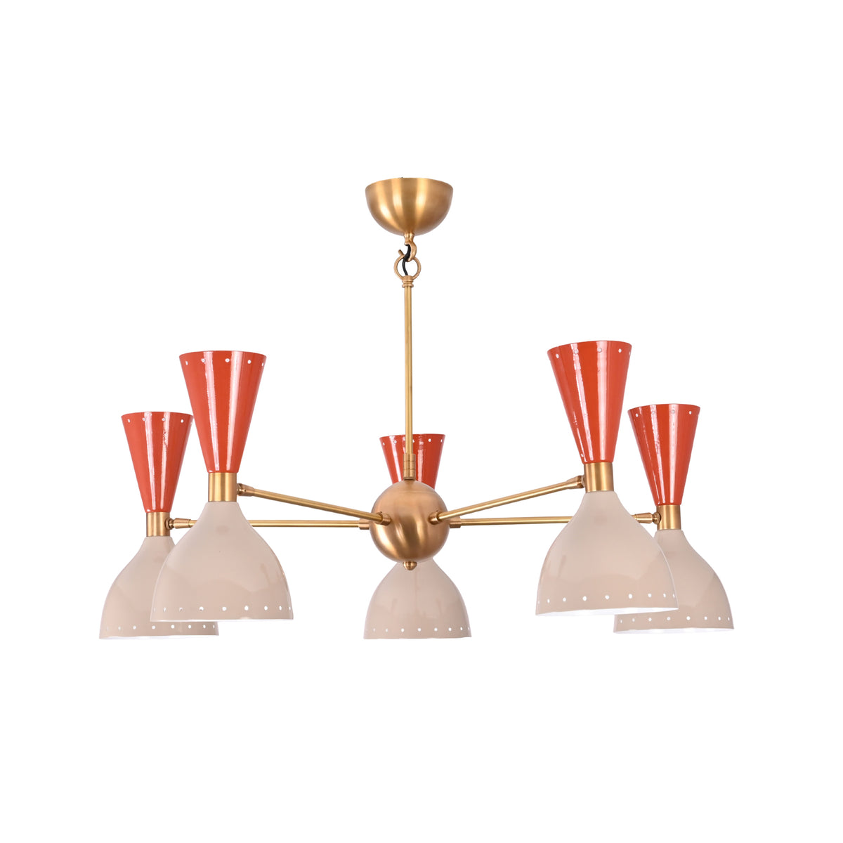 Front view of Hudson Modern 10-light Mid-Century Modern chandelier featuring terracotta red and ivory perforated cone shades with brushed brass arms.