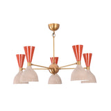 Front view of Hudson Modern 10-light Mid-Century Modern chandelier featuring terracotta red and ivory perforated cone shades with brushed brass arms.