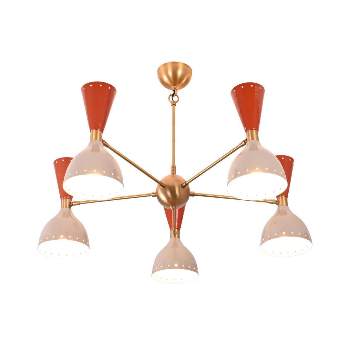 Illuminated Hudson Modern 10-light chandelier showcasing warm LED lighting through ivory perforated cone shades with terracotta accents.