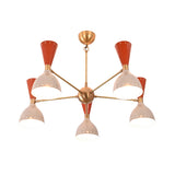 Illuminated Hudson Modern 10-light chandelier showcasing warm LED lighting through ivory perforated cone shades with terracotta accents.