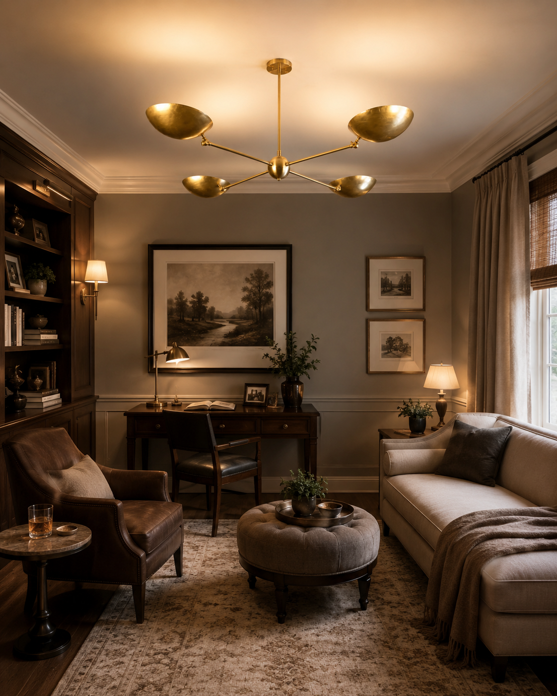 Hudson Modern Quad Bowl Chandelier installed in a sophisticated living room, providing warm ambient lighting with four handcrafted adjustable bowl shades.