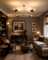 Hudson Modern Quad Bowl Chandelier installed in a sophisticated living room, providing warm ambient lighting with four handcrafted adjustable bowl shades.