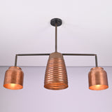 Hudson Modern Three Light Linear Chandelier with ribbed center shade and matching cylindrical side shades shown in a straight front view.