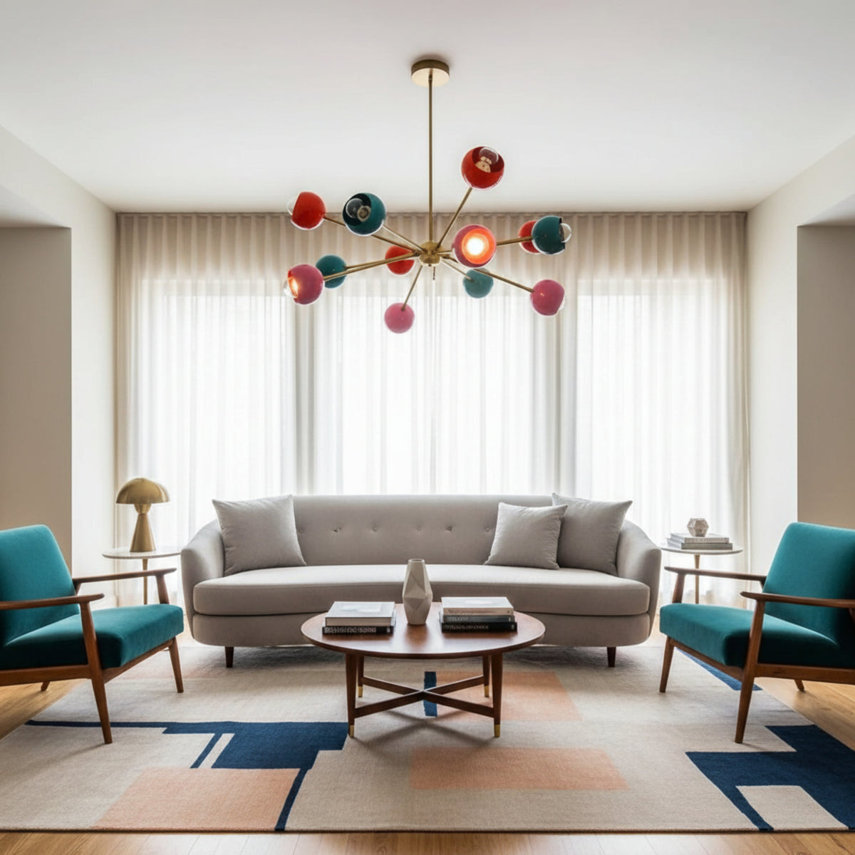 Hudson 12 light Mid-Century Modern chandelier displayed from a ceiling perspective with colorful rounded shades and radiating brass-tone arms.