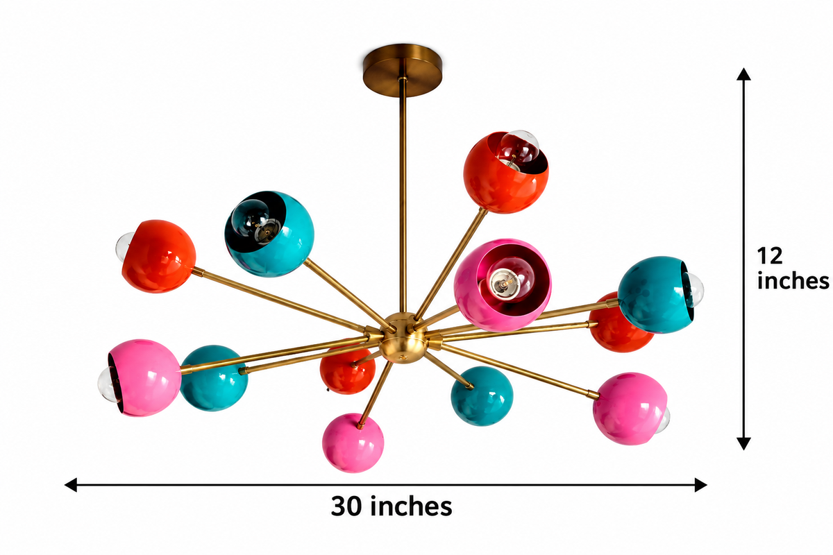 Hudson 12 light multicolor Sputnik chandelier dimension view showing 30 inch width and 12 inch fixture height.