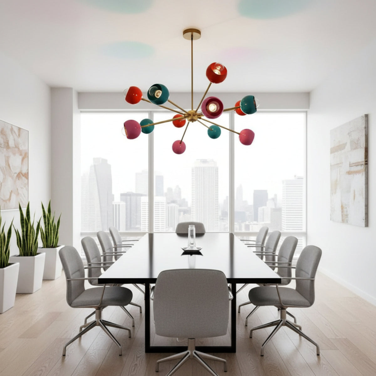 Hudson 12 light Mid-Century Modern Sputnik chandelier shown from the front with colorful rounded shades and brass-tone multi-arm construction.