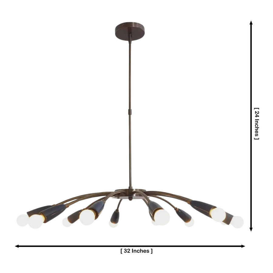 Hudson Orbit Sputnik 12-light chandelier installed in a modern living room, providing warm ambient illumination with a Mid-Century Modern starburst design.