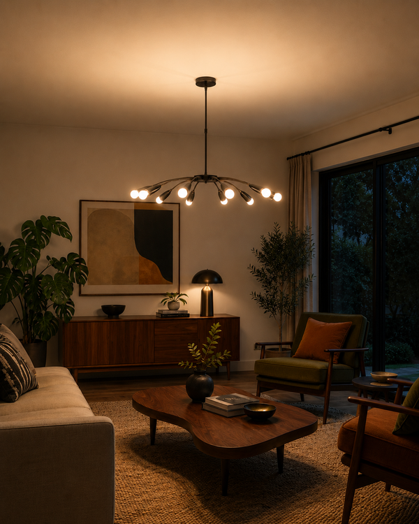 Hudson Orbit Sputnik 12-light chandelier installed in a modern living room, providing warm ambient illumination with a Mid-Century Modern starburst design.