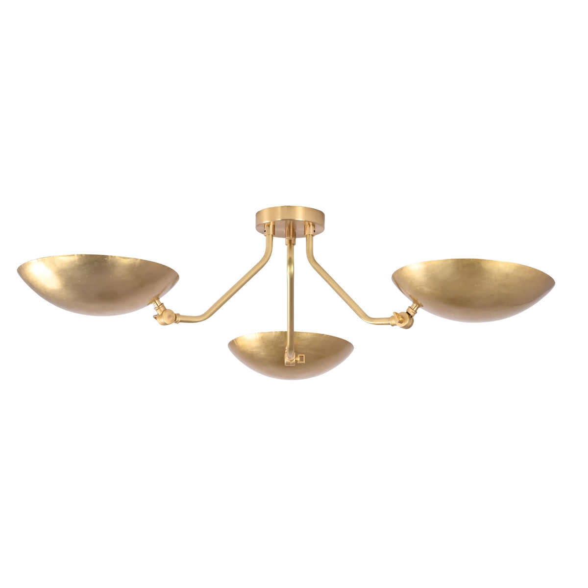 Front view of Hudson Mid-Century Modern triple dish chandelier with three handcrafted brass dish shades and sculptural curved arms.