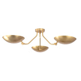 Front view of Hudson Mid-Century Modern triple dish chandelier with three handcrafted brass dish shades and sculptural curved arms.