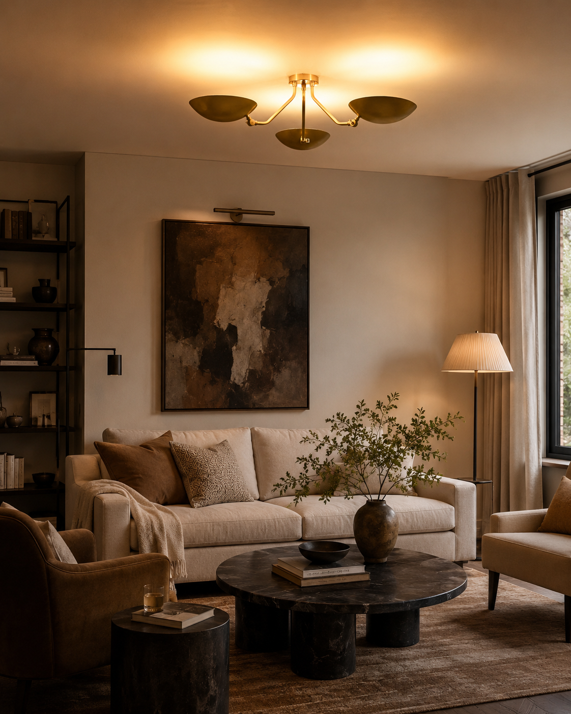 Hudson Mid-Century Modern triple dish brass chandelier installed in a contemporary living room with warm indirect ambient illumination.