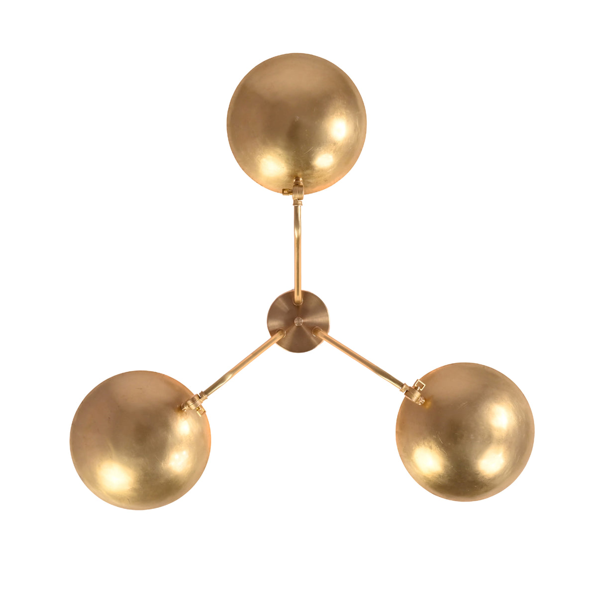 Top view of Hudson handcrafted brass triple dish chandelier showing the circular shade layout and ceiling canopy.