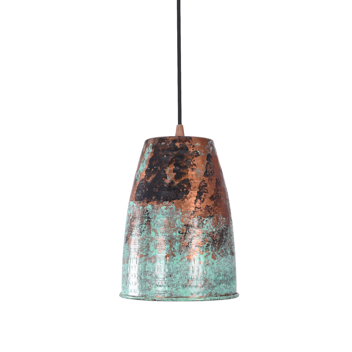 Close-up view of the Hudson Verdigris Tapered Pendant Light featuring a handcrafted tapered metal shade with an authentic aged verdigris patina and warm copper accents.
