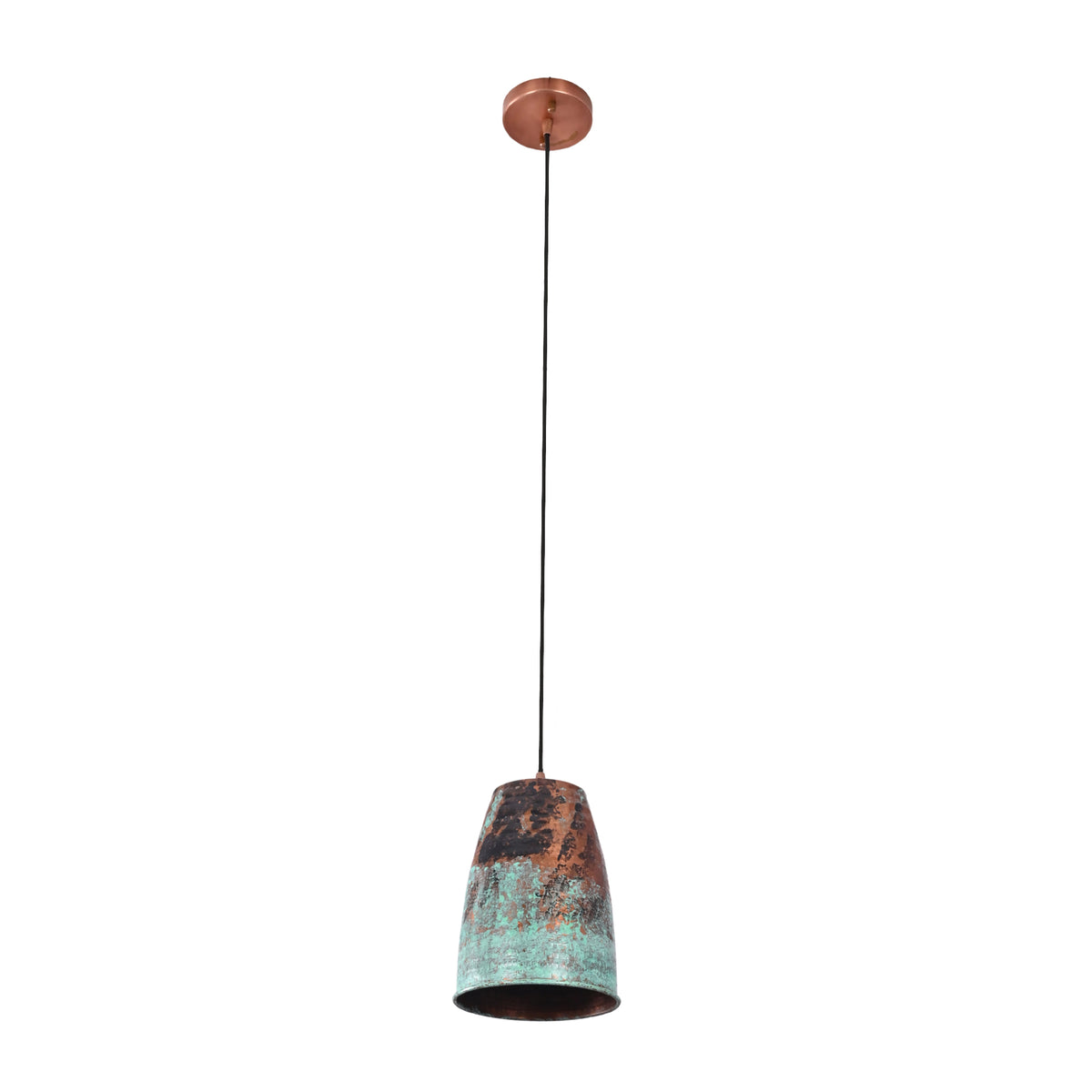 Front view of the Hudson Verdigris Tapered Pendant Light with handcrafted tapered shade, verdigris patina finish, adjustable hanging cord, and copper interior.