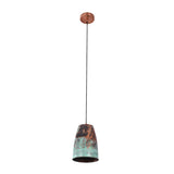 Front view of the Hudson Verdigris Tapered Pendant Light with handcrafted tapered shade, verdigris patina finish, adjustable hanging cord, and copper interior.