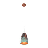 Illuminated Hudson Verdigris Tapered Pendant Light showcasing its warm hammered copper interior and handcrafted aged verdigris finish.