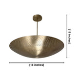 Ibiza 5 light brass perforated disc chandelier dimension view showing 18 inch width and 18 inch overall height.