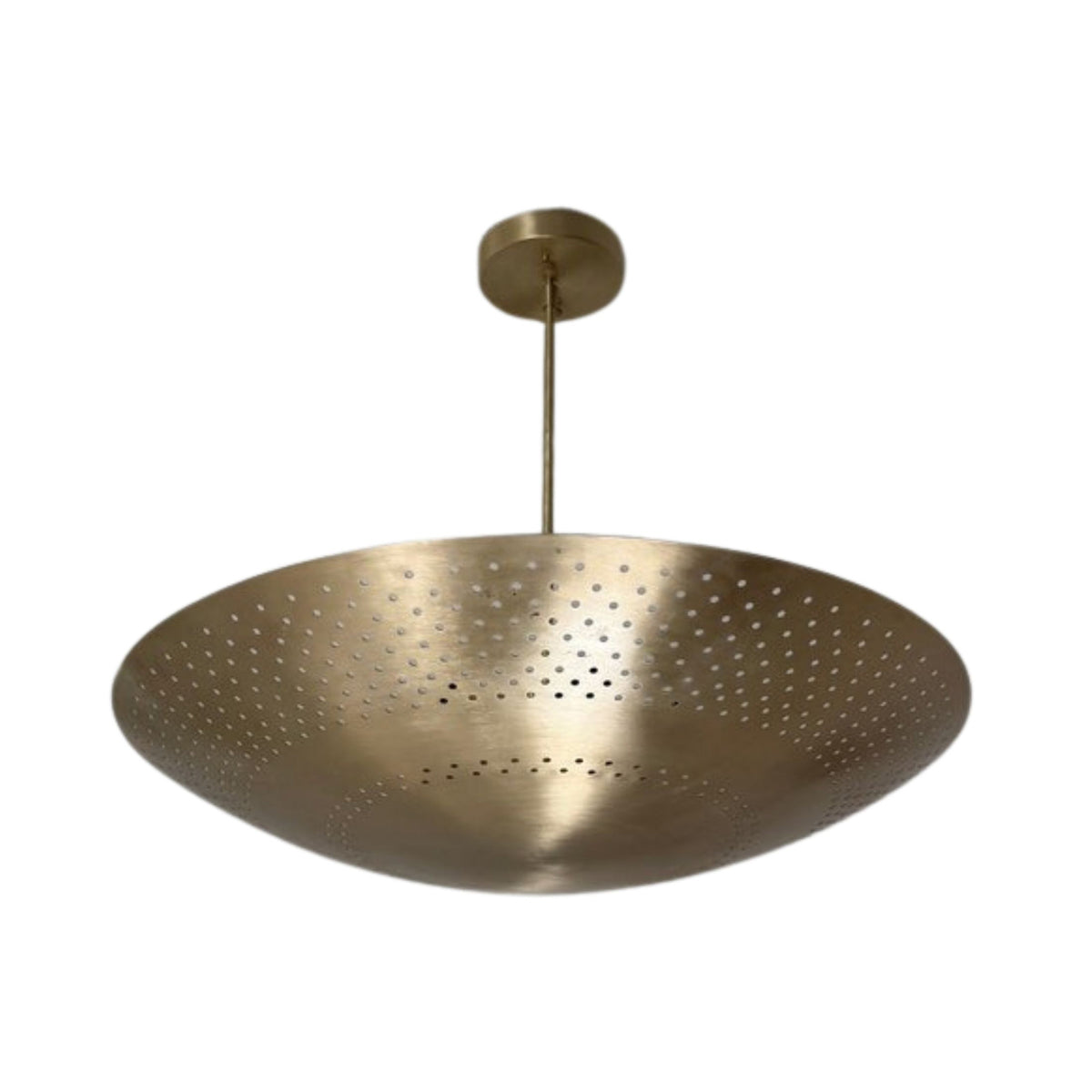 Ibiza 5 light brass perforated disc chandelier shown from the front with a wide sculptural bowl shade.