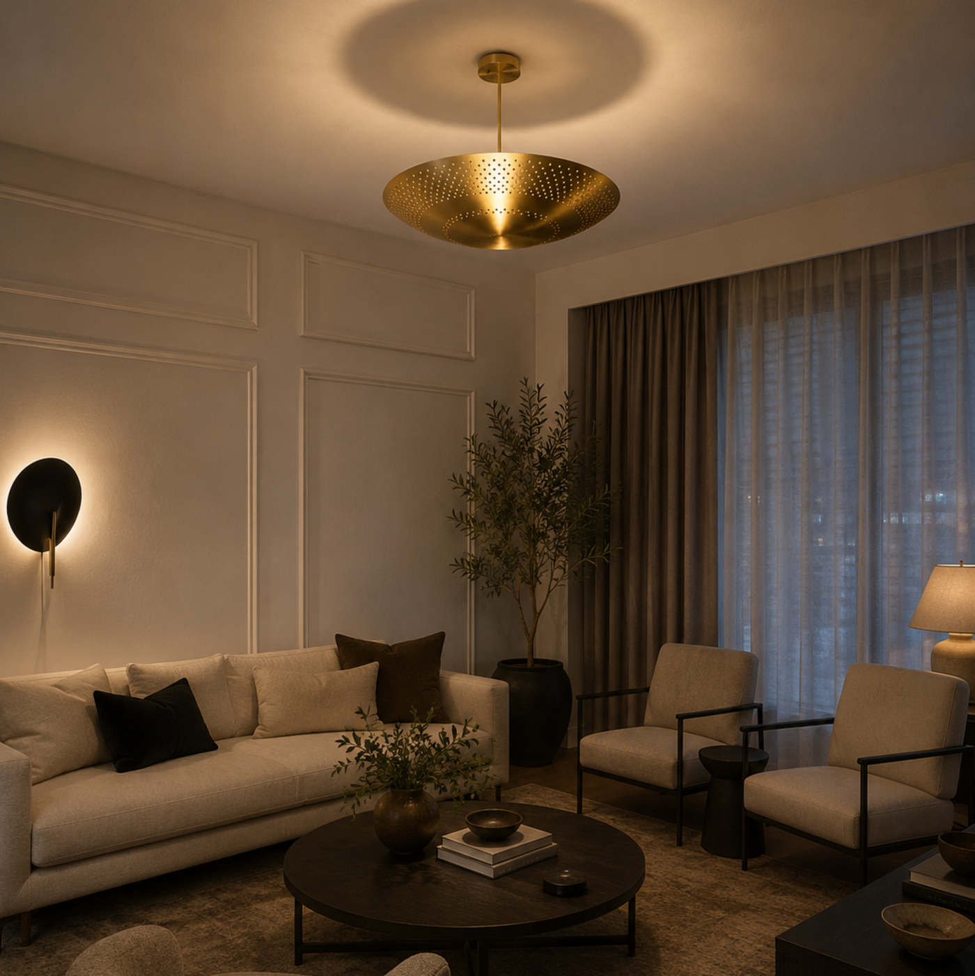 Ibiza 5 light brass perforated disc chandelier illuminated in an elegant modern living room with warm ambient lighting.